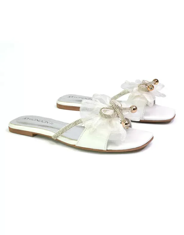 Zendaya Mesh Diamante Bow Flat Sandal Square Toe Bridal Shoes in White