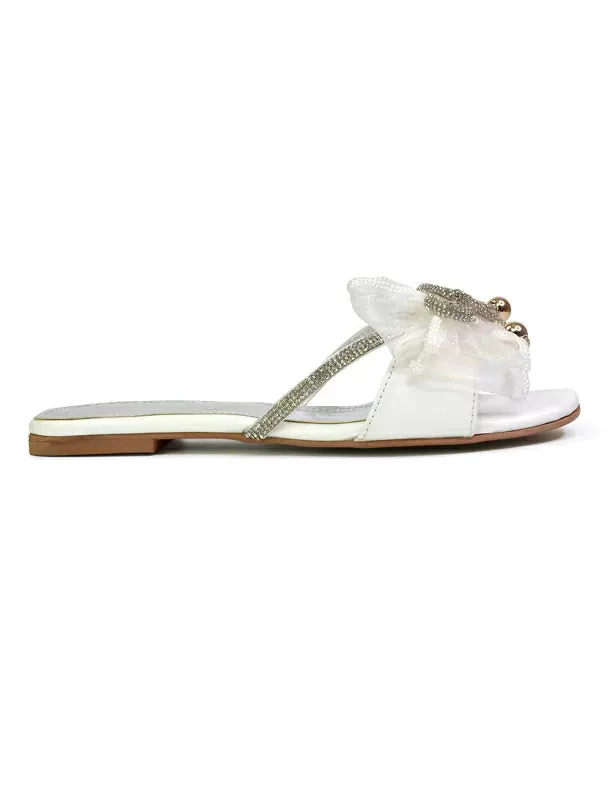 Zendaya Mesh Diamante Bow Flat Sandal Square Toe Bridal Shoes in White