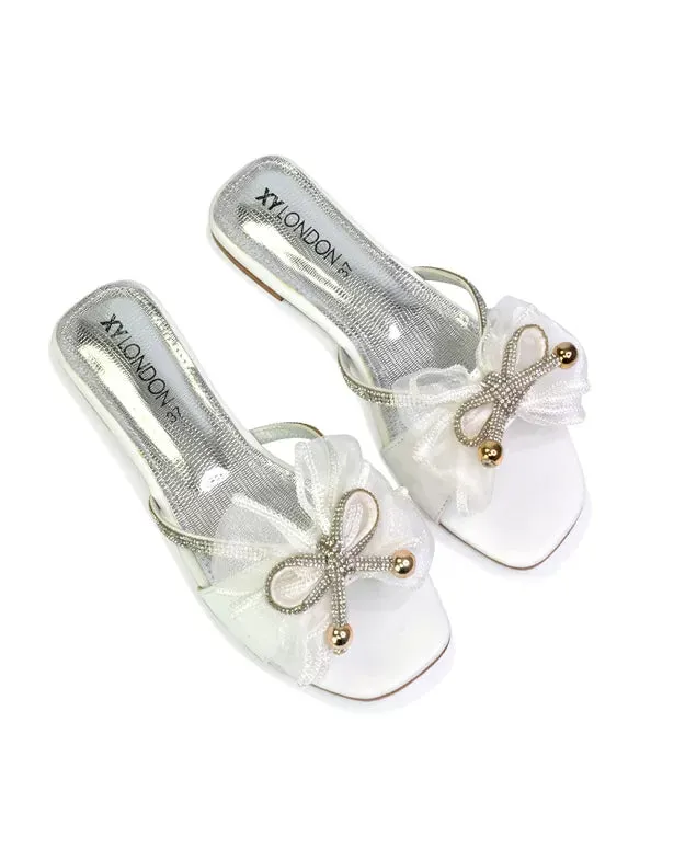 Zendaya Mesh Diamante Bow Flat Sandal Square Toe Bridal Shoes in White